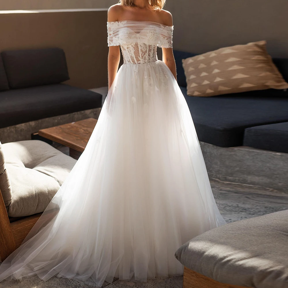 

Gorgeous Wedding Dresses Off The Shoulder Lace Tulle Backless A-Line Long Train Bride Gown For Wedding Party vestidos de novia