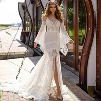 bohemian wedding dress for bride 2022 spaghetti straps backless front split lace bridal gowns mermaid illusion vestido de noiva