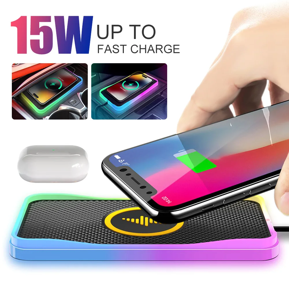 

Car 15W Wireless Charger Pad for iPhone Non Slip Rubber Wireless Charging Pad With Light Fast Wireless Charging Station