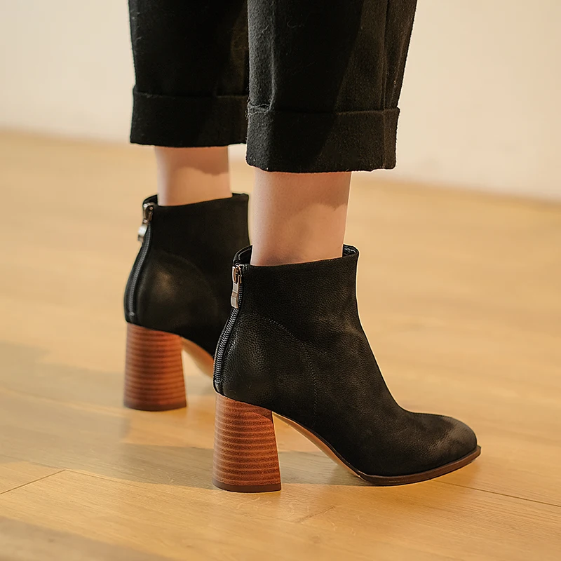 Женские ботильоны из коровьей кожи на толстом высоком каблуке молнии сзади