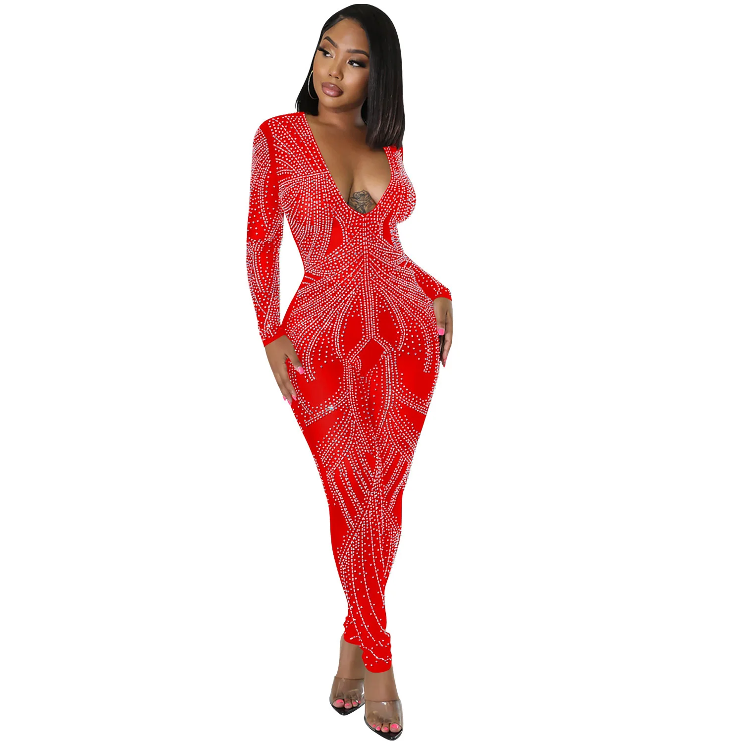 Cutubly Fashion Clubnight Party Sexy Jumpsuits Bodycon Full Sleeve V-neck Long Pants Jumpsuit Women Diamond Nightclub Sheer Mesh