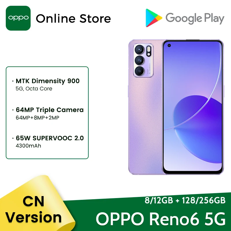 

OPPO Reno6 5G Smartphone MTK Dimensity 900 8GB 128GB 6.43 90Hz AMOLED Screen 64MP Triple Cams 65W SuperVOOC Charge Reno 6 Phone