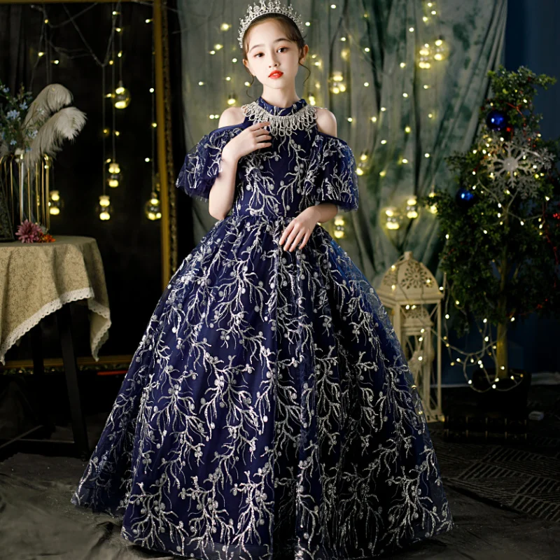 

Детское вечернее платье из тюля с открытыми плечами, платье для выпускного вечера темно-синего цвета для девочек, шифоновое бальное платье с коротким рукавом