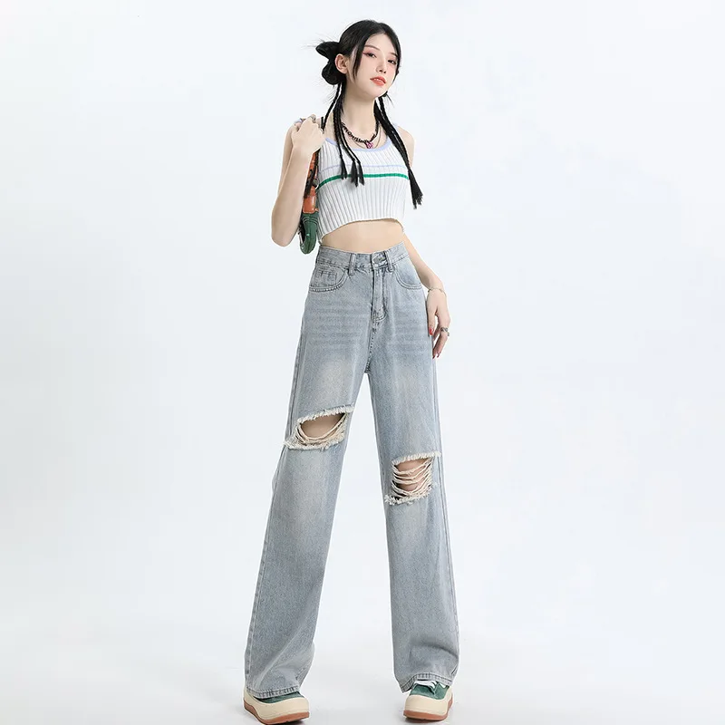 American Retro Ripped Straight Leg Jeans Women New Summer Women Clothing High Street High Waist Show Slim Loose Wide Leg Pants