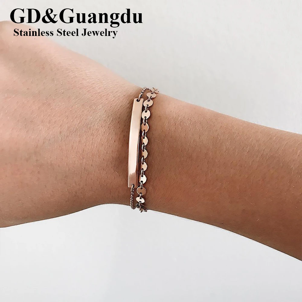 

Layered Coin Chain Engraved Name Long Bar Hands Bracelet 316L Stainless Steel 14K Gold Plated Women Body Fashion Jewelry