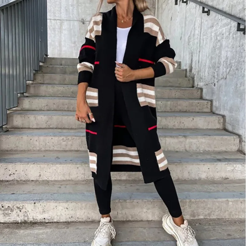 

2023 Cross border Foreign Trade Autumn and Winter Long Cardigan Stripes European and American Women's Knitted