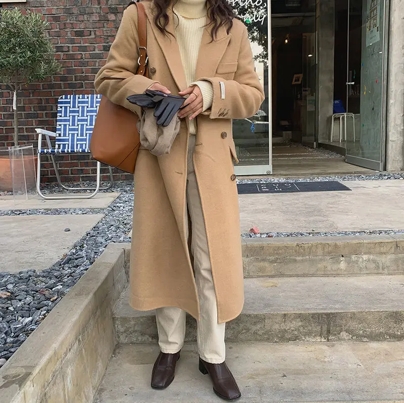

Korean classic retro style double breasted high-quality wool coat autumn and winter 2022 new women's loose medium long wool coat