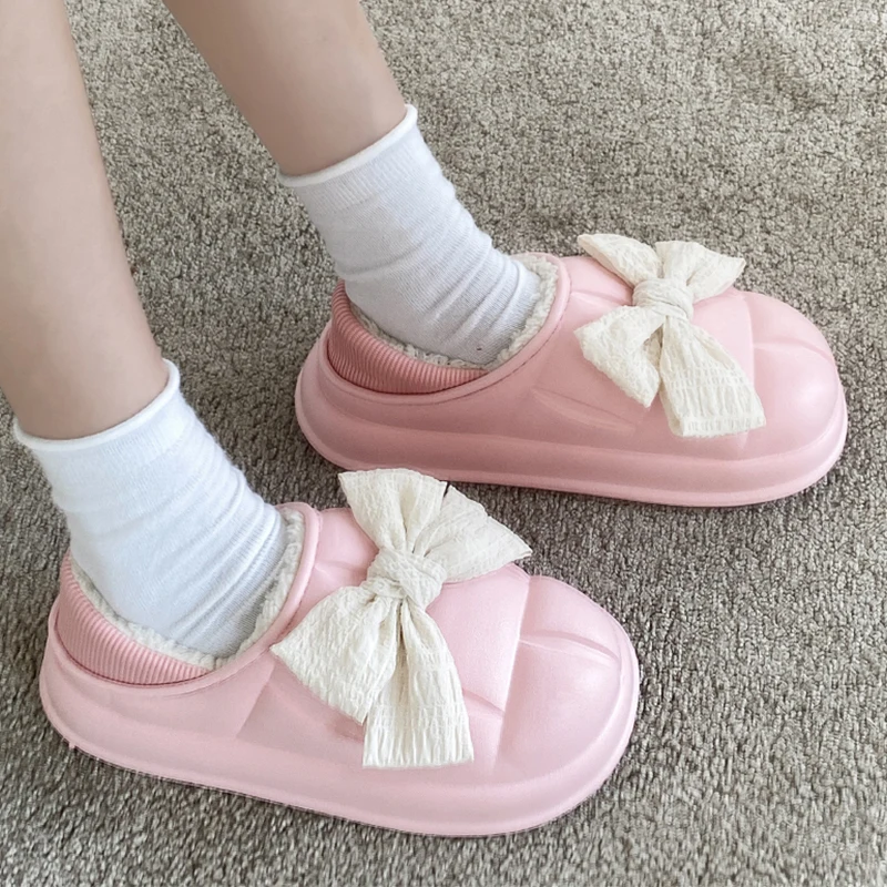 

Flats Platform Plush Women Slippers Warm Boots 2022 Winter New Designer Fad Bow Mules Cotton Shoes Casual Soft Women Flip-flops