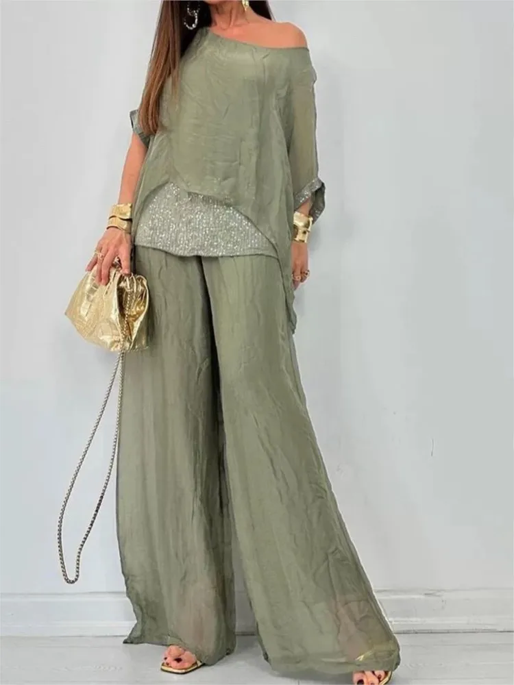 Модный шифоновый комплект с блестками из 2 предметов женский наряд 2024 свободный