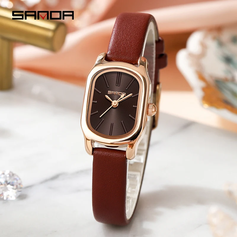 SANDA Genuine Watch New Womens Quartz Watch Casual Fashion Rose Gold Case Womens Watches Maroon Leather Strap Waterproof P1104 enlarge