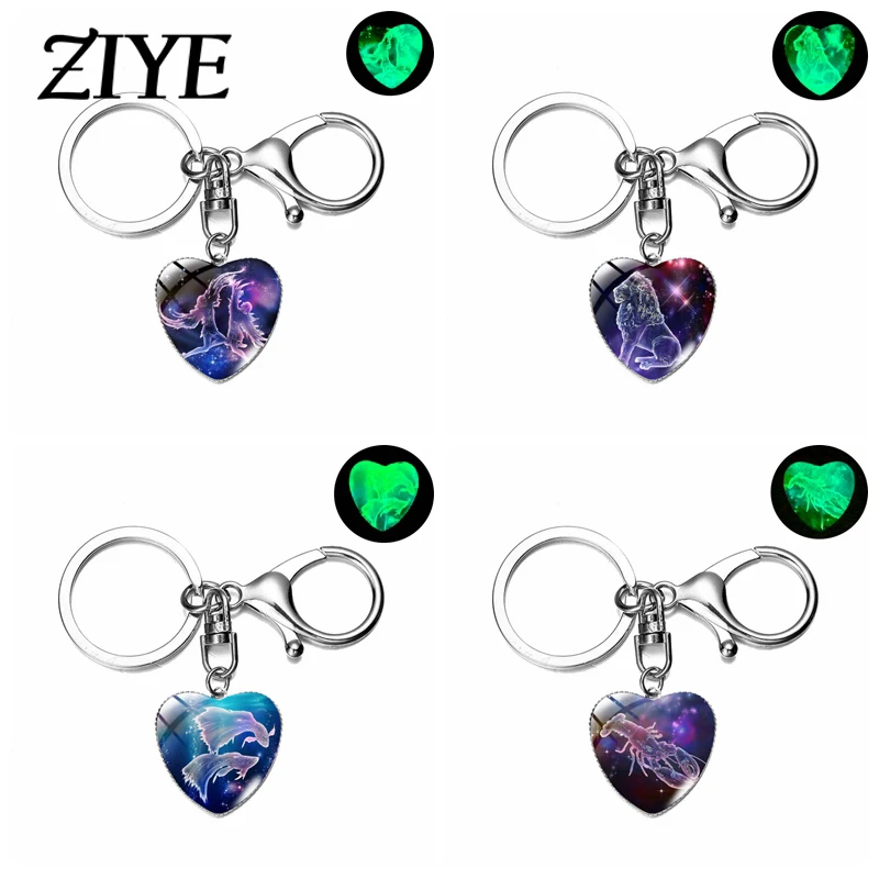 

Luminous Zodiac Signs Keychain Purple Zodiac Images Heart Shape Glass Dome Lobster Clasp Pendant Keyring Trend Accessories Gifts