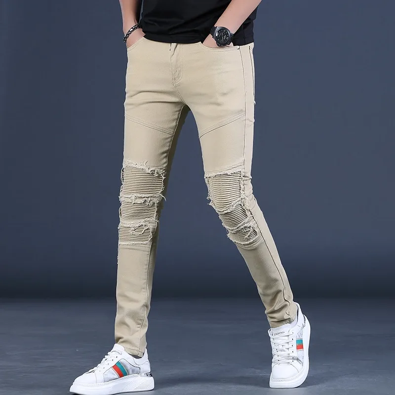 Summer Red Jeans Men Streetwear Casual Slim Fit Straight Pants Fashion Lightweight Ripped Patches Denim Trousers