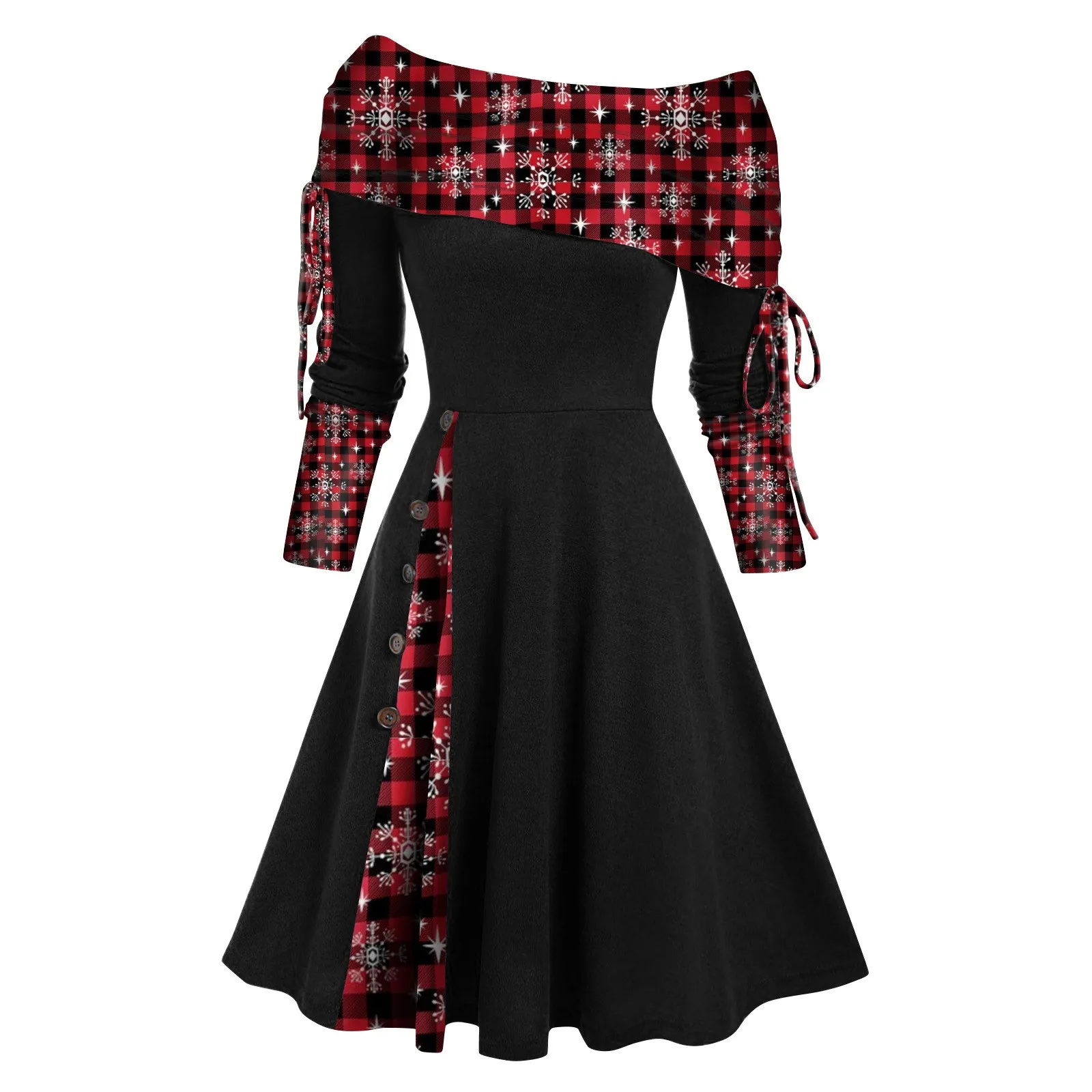 

Women's Autumn And Winter Long Sleeve Off Shoulder Solid Color Christmas Print Patchwork Button Black Dress