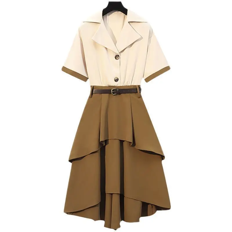 

Women's Vintage elegant patchwork MIDI Dress with Belt 2023 Summer Women's dress fashion