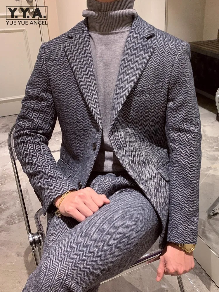 

Mens Slim Fit Single Breasted Formal Suit Groom Woolen Wedding Dress Set Blazer Jacket Pants Two Piece Set Business Work Suit