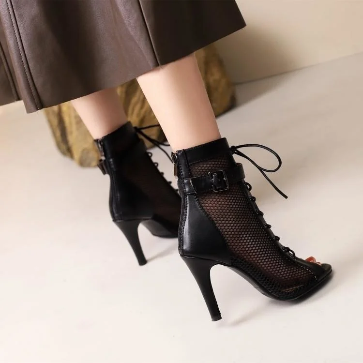 Mesh Cool Women's Summer Short Boots Net Boots Fish Mouth Small Size Thin Heel High Heel Dance Ballroom