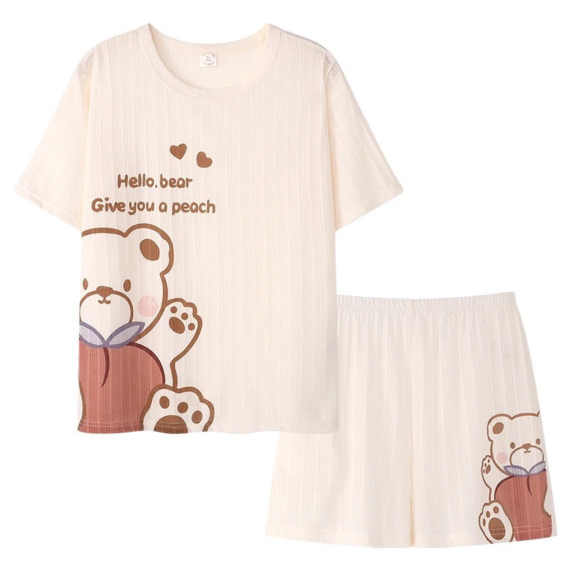 CAIYIER Women's Sleepwear Set Cute Pink Love Summer Nightwear O-Neck Short Shorts Casual Pajamas Set Ulzzang Ins Girls Homewear