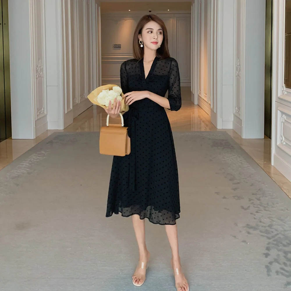 

Vintage Black Polka Dots Dress Ladies Elegant Sexy Female Half Sleeve V-neck Dresses Summer Women Casual Party Vestidos Mujer
