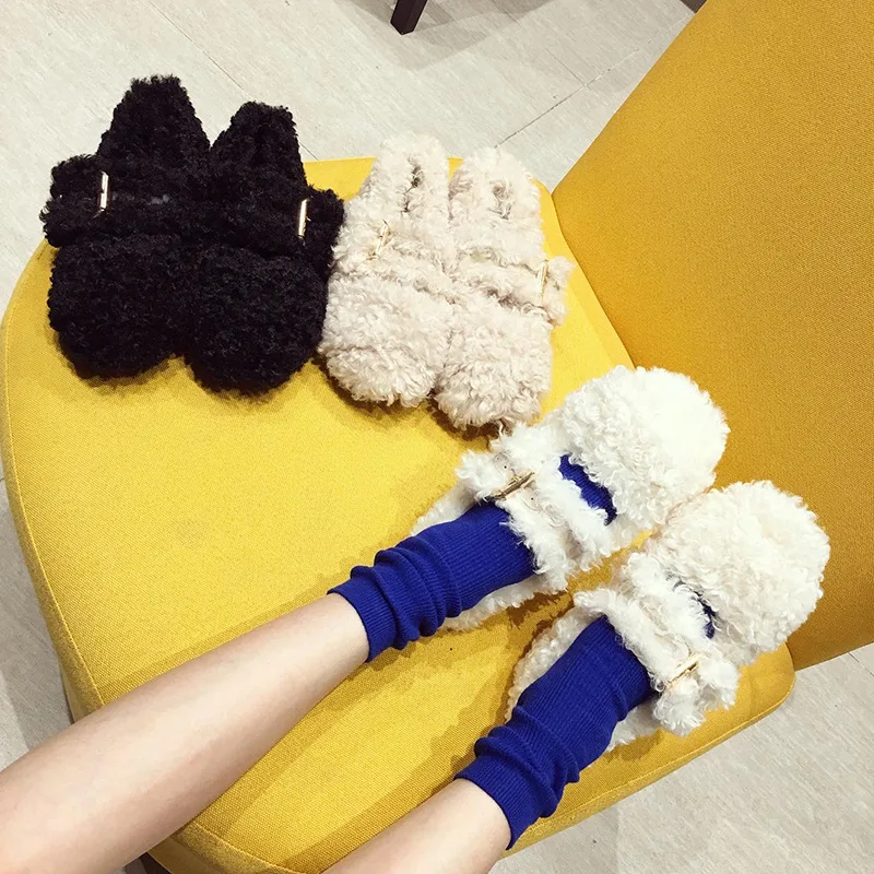 Woman Metal Buckle Band Furry Ladies Winter Shoes Plush Loafers Sheep Fur Moccasins Warm Curly Lamb Wool Flats