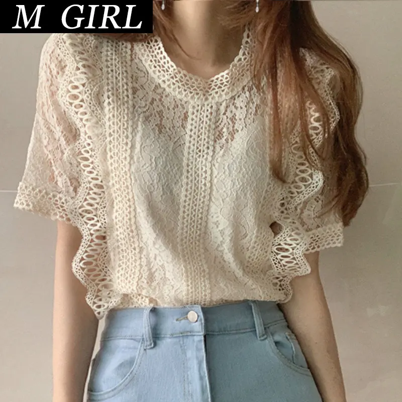 

M GIRLS Cropped Shirts Women Short Sleeve O-Neck Casual Lace Hollow Out Elegant Fashion Retro All-match Slim Summer Chic Top Ulz