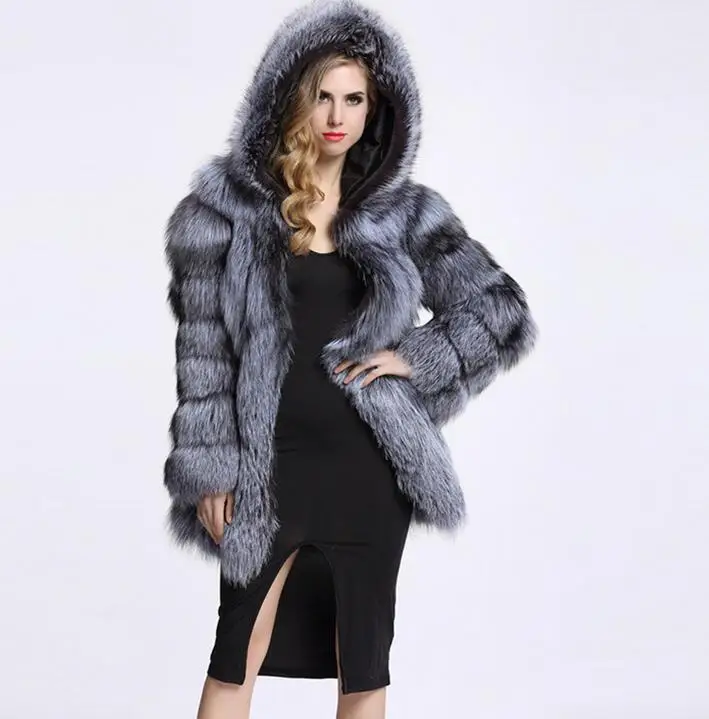 2022 Autumn Winter Coat Women's Fur One Fox Fur Stitching Imitation Fur Loose Long Coat Hooded Nine Quarter Sleeve Mink Fur Coat