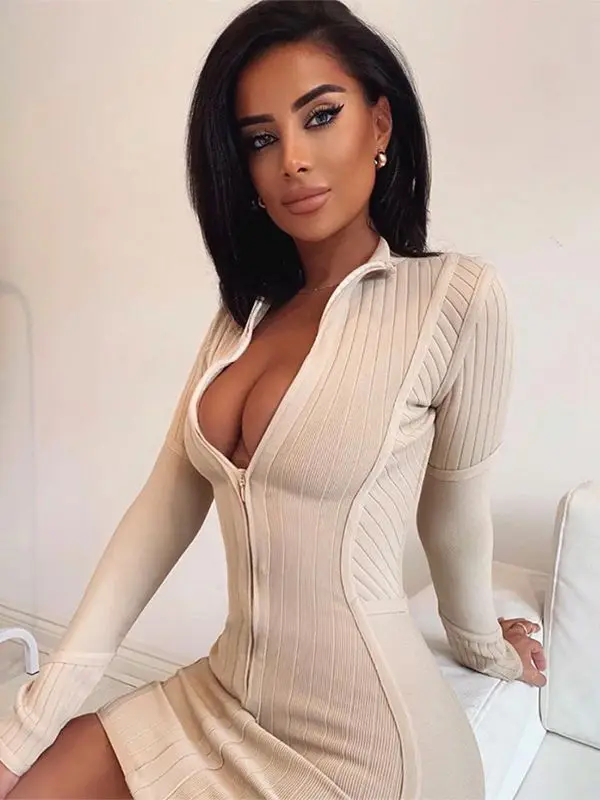 

Женское облегающее платье цвета хаки HQBOR, облегающее платье в полоску с длинными рукавами и застежкой-молнией спереди