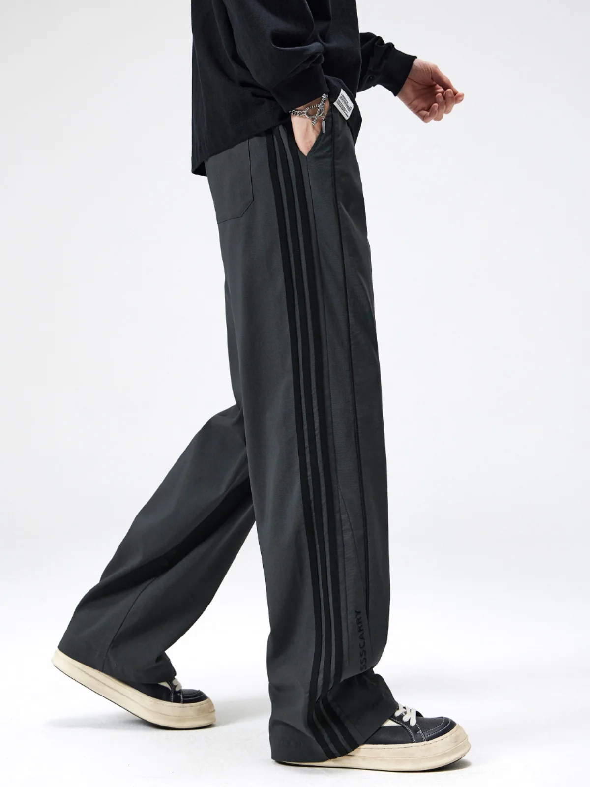 Uoohe American-Sle Three-Bar Pants Men's 2024 Autumn New Loose Straight Casual Trousers Stripe Wide-Leg