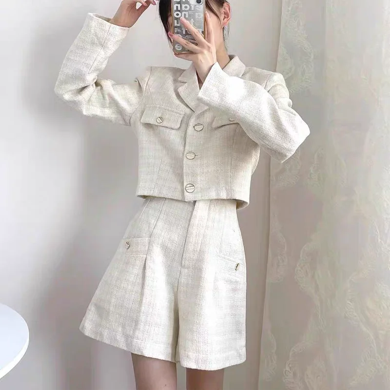 

Женский офисный комплект из двух предметов, элегантный однотонный твидовый винтажный жакет с отложным воротником и длинным рукавом и повседневные свободные шорты с высокой талией, осень