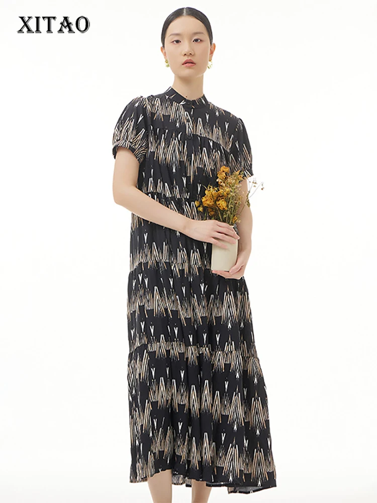 

XITAO Black Print Patchwork Folds Pullover Dress 2022 Summer New Arrival Casual Fashion Temperament All Match Show Thin WMD6256