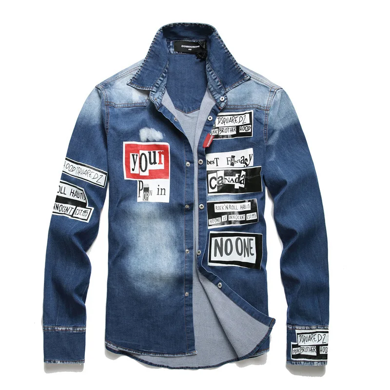 

Men Denim Shirts Italian Luxury Brand Dsquared2 Long Sleeves Shirts Coat Male Fashion Light Blue Printed Casual Shirts M-3XL
