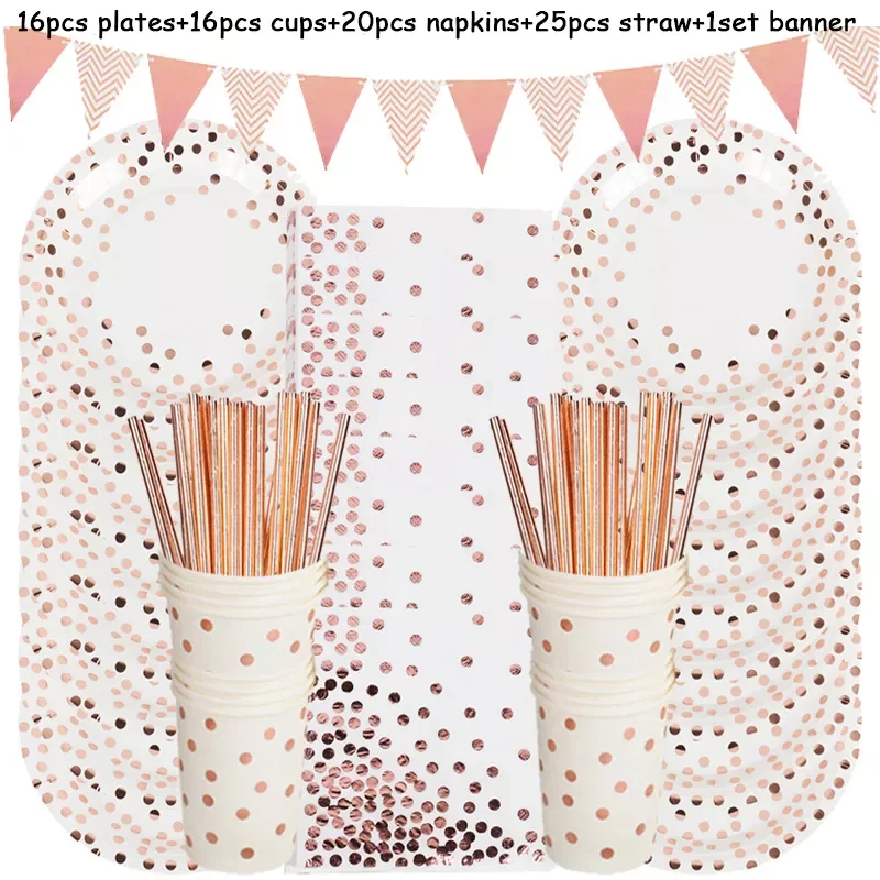 

78pcs/set Rose Gold Party Disposable Tableware Set Rose Gold Cup Plates Straws Adult Birthday Party Decor Bridal Shower Supplies
