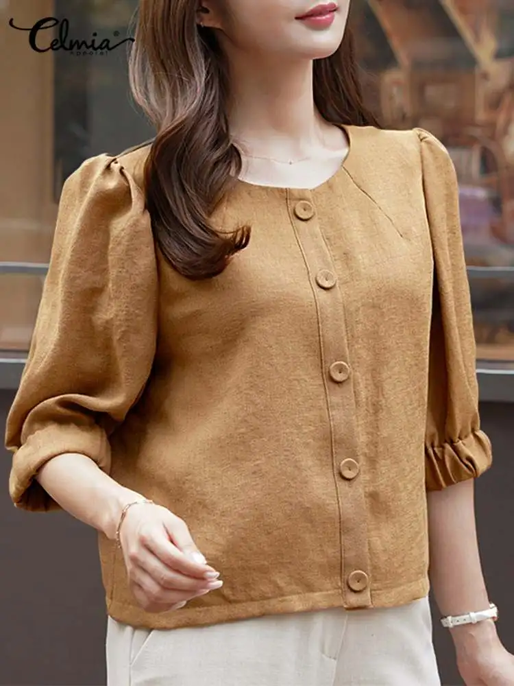 

Женская блузка с пышными рукавами Celmia, летние элегантные рубашки с круглым вырезом, однотонная хлопковая туника для отдыха, большие размеры...