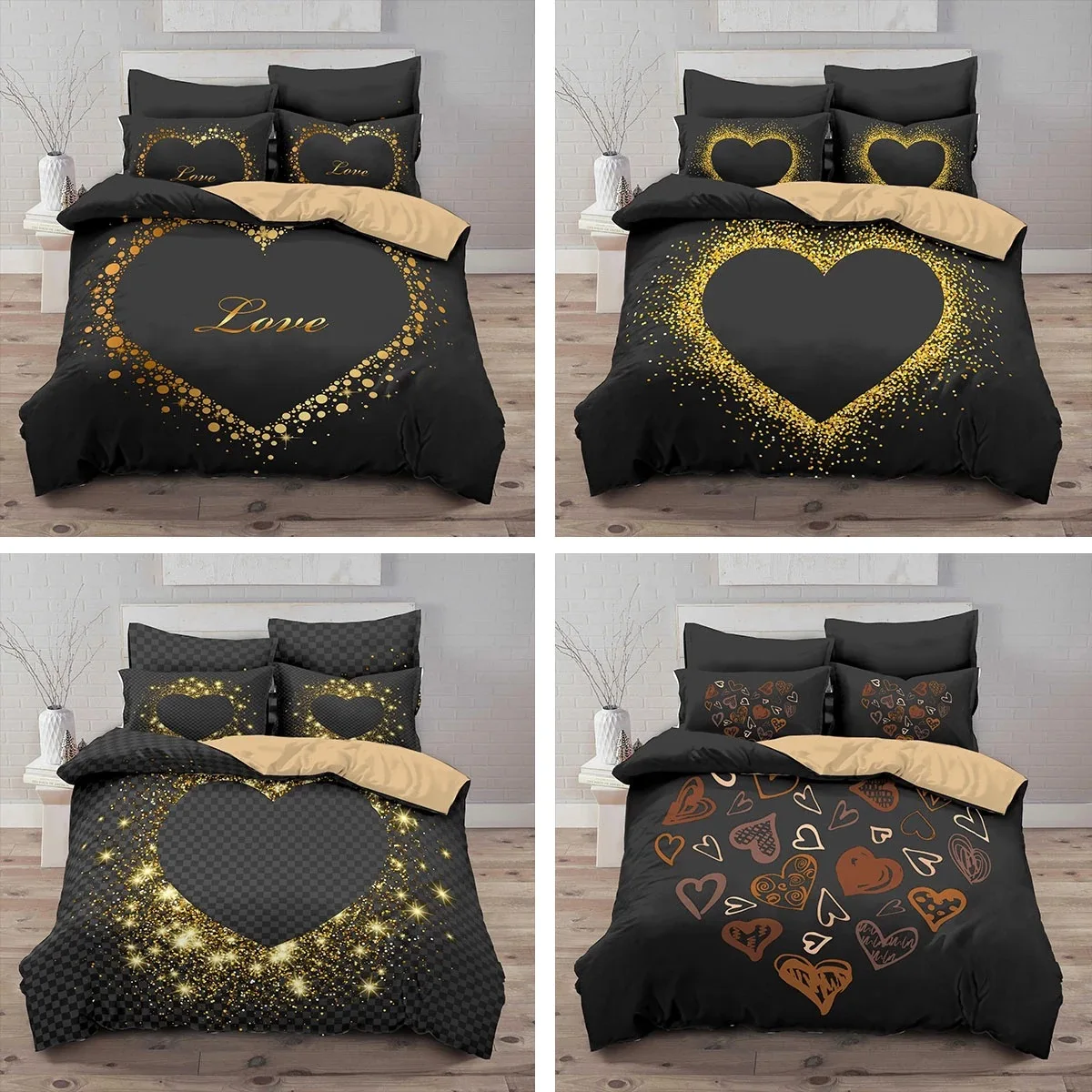 

HD Digital Romantic Golden Love Print Bedding Sets soft Duvet Cover+ Pillowcase 2/3pcs Single Twin Queen King US/AU/EU Size