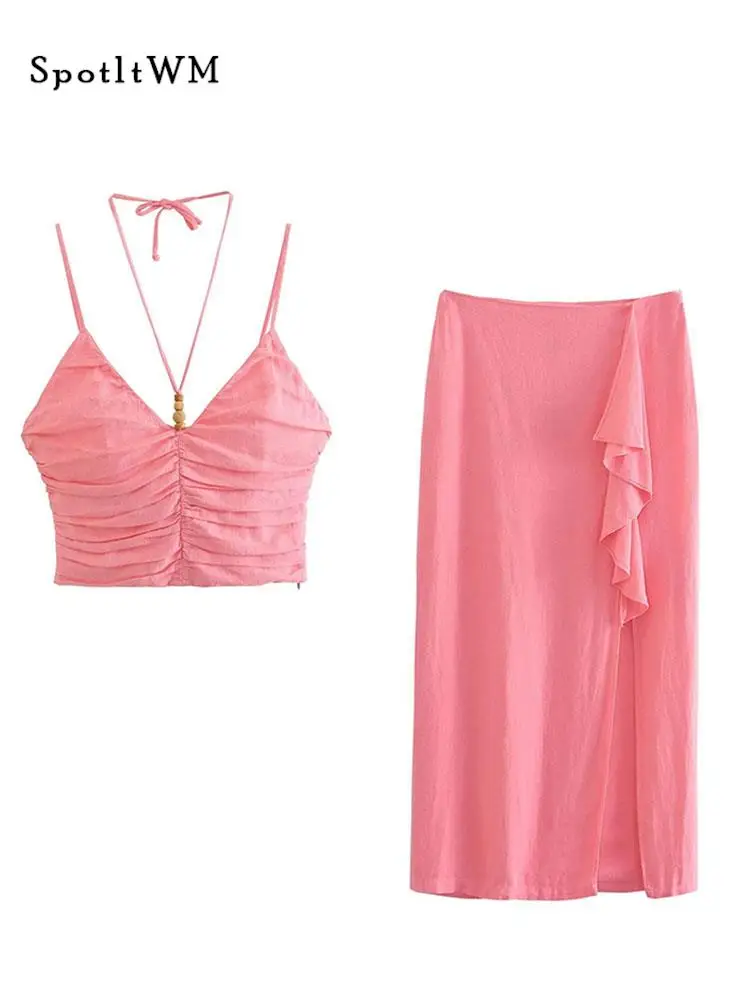 

Women Solid Pleated Top 2 Pieces Set Sexy Sleeveless Halter Crop Top Long Skirt Outfits Fashion Layered High Waist Skirt Suits