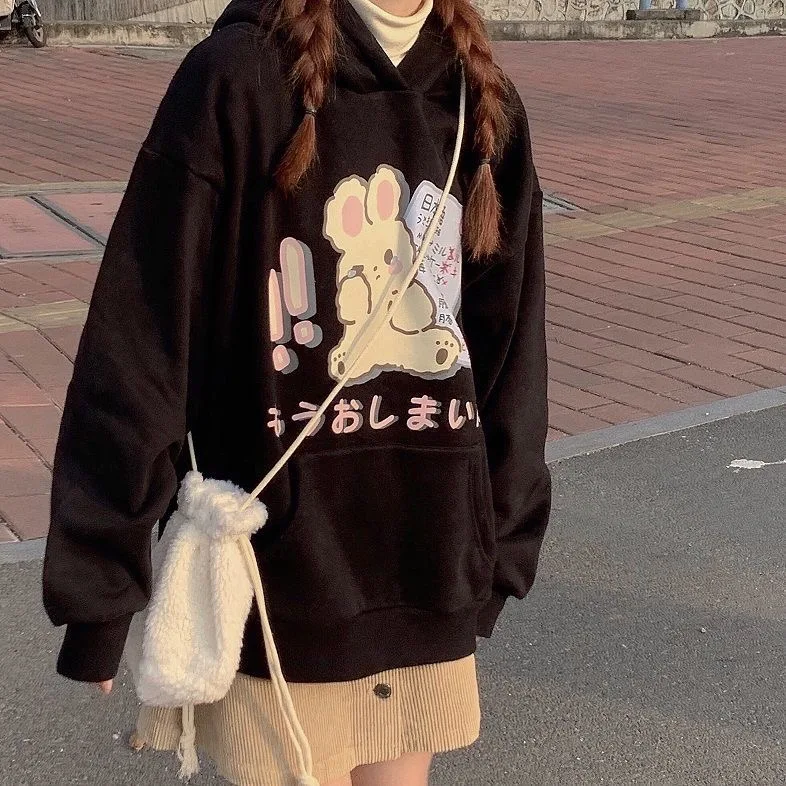 

Harajuku Women Hoodie Oversized Long-sleeved Pullover Sweatshirt Women 2022 Autumn Cute Rabbit Cartoon Sweatshirt Black Hooded