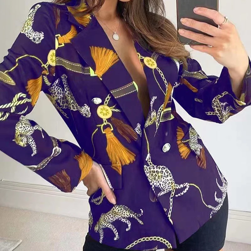 

Office Lady Turn-down Collar Blazer Jacket Spring Retro Chain Print Women Tops Outerwear 2022 Autumn Long Sleeve Button Cardigan