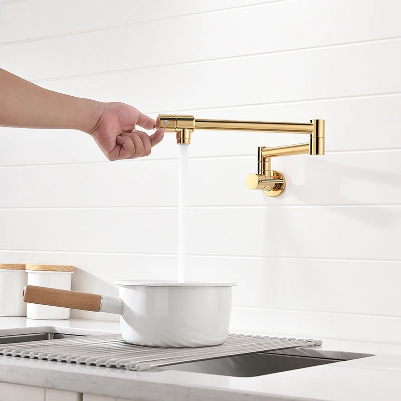

Rose Sink Single Pot Faucet Foldable Filler Tap Single Brass Rotate Gold Kitchen Mounted Tap Hole Wall Folding Cold Spout