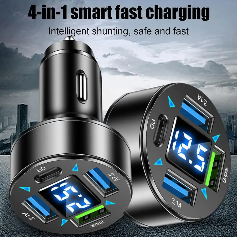 

Power Adapter 4-Port Blue Light Fast Car Charger QC 3.0 Quick Charge Adapter LED Digital Display Light Charge Fast Adapter Quick
