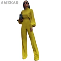 2022 winter office lady work women jumpsuits female casual solid white long lantern sleeve slim jumpsuit womens fashion rompers