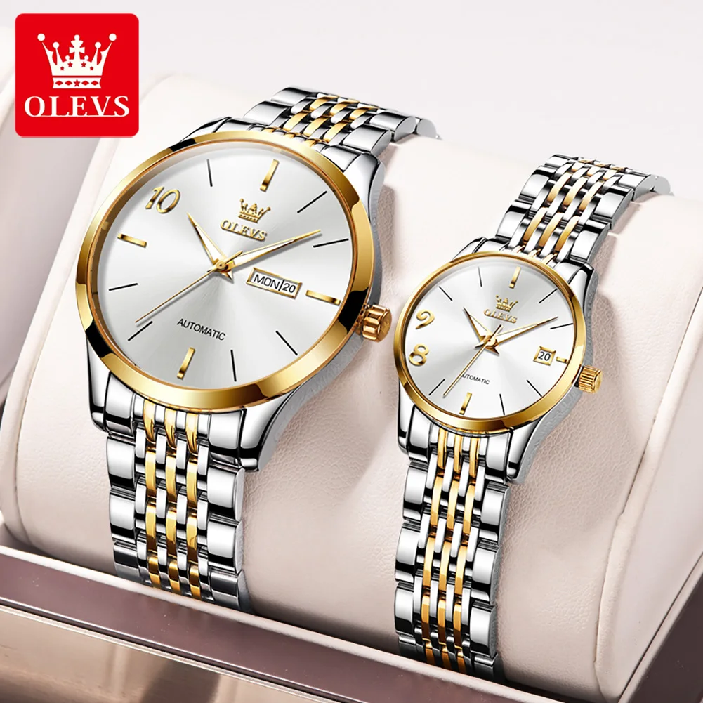 

OLEVS 6632 Stainless Steel Strap Automatic Mechanical Couple Wristwatch, Waterproof High quality Fashion Watches For Couple