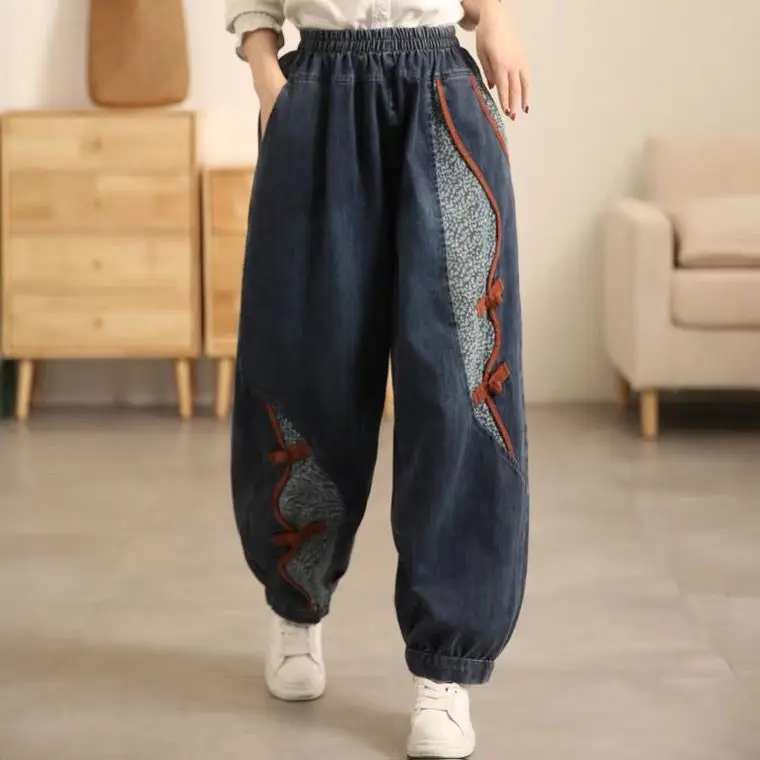 National Style Stitching Plate Buckle Cotton Harem Pants Female 2022 Spring Printed Dark Jeans Elastic Waist Loose Female Pants