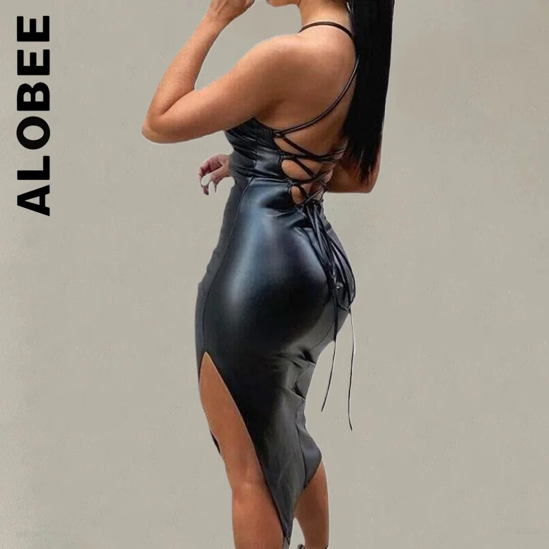 

Alobee New Women Dress Soft Robe Pu Leather Slim Slash Neck Sleeveless Midi Dress Slim Woman Clothes Vestidos Female