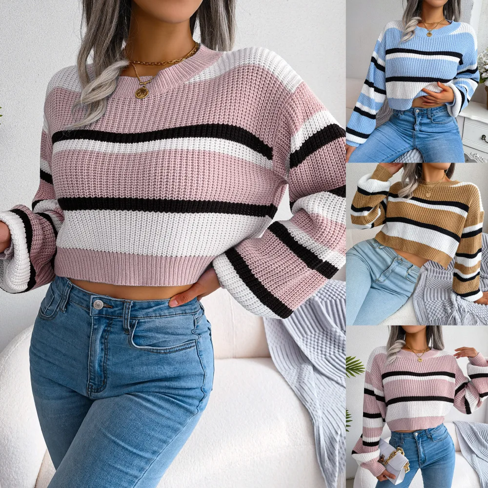 Autumn And Winter Women'S Casual Stripe Long-Sleeved Open-Navel Knitted Sweater Female & Lady Fashion Versatile Top