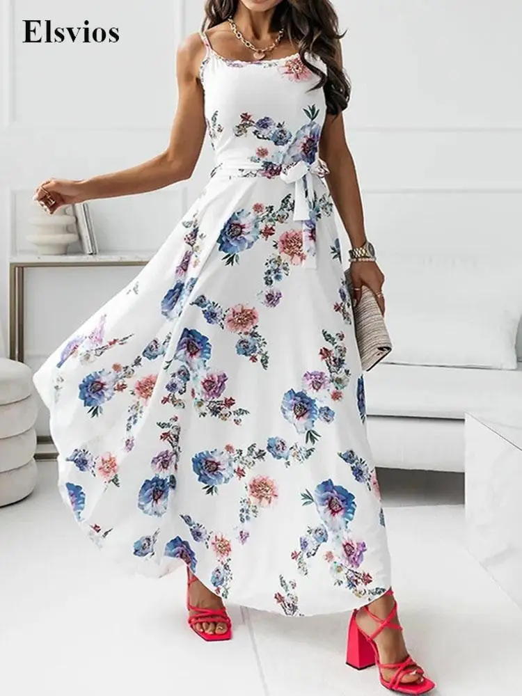 

Summer Fashion Lady Sleeveless Backless Party Dress Women Elegant Floral Boho Long Dresses Sexy Sling Chiffon Loose Beach Dress
