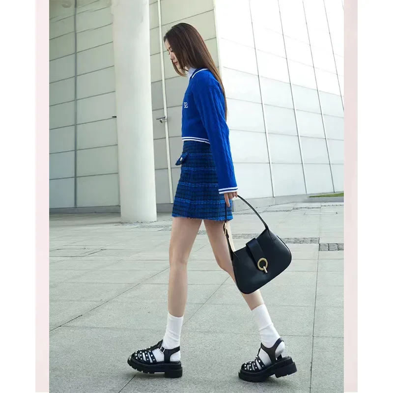 

Женский трикотажный свитер с лацканами, Синий Свободный пуловер с лацканами, весна-лето 2023