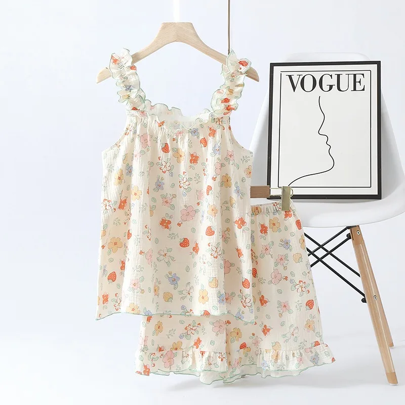 1 New Summer  Women's Pajama Suit 100% Cotton Crepe Lace Suspenders+Shorts Thin Cute Home Clothes 2-piece Set Sleepwear Pajamas