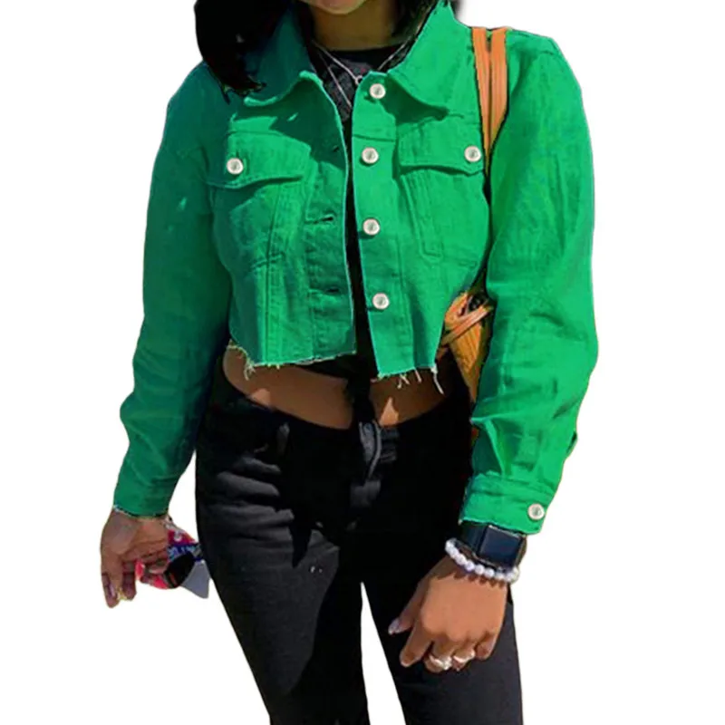 

Women Denim Short Jacket Coats Spring Autumn Clothes 2022 Solid Color Long Sleeve Lapel Jacket Button Crop Jeans Coat Streetwear
