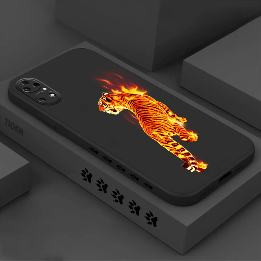 Fire Tiger Animal Phone Case For Huawei P60 P50 P40 P30 P20 Mate 50 40 30 20 20X 10 Colour Liquid Silicone Cover Funda Cqoue