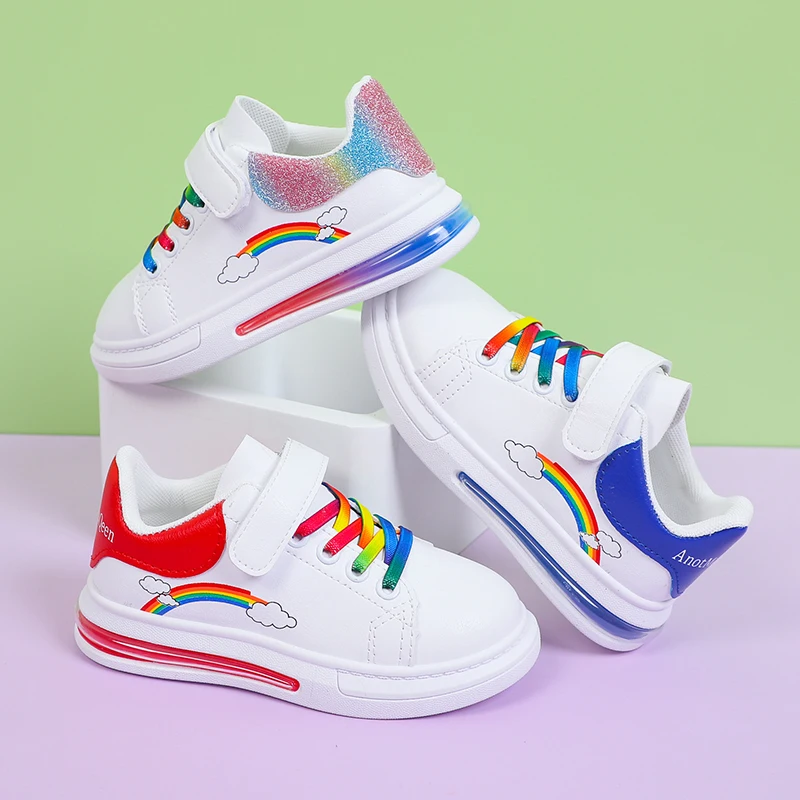 Enlarge Kids Fashion Sneakers Rainbow Colorful Girls White Casual Shoes Pu Leather Wiith Air Cushion Sole Hook-loop Autunm Sneakers