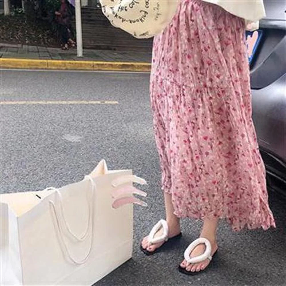 

Summer Chiffon Floral Boho Print High Waist Skirt Pleated Skirts Vintage Drawstring Elastic Midi Skirts Casual Korean A Line